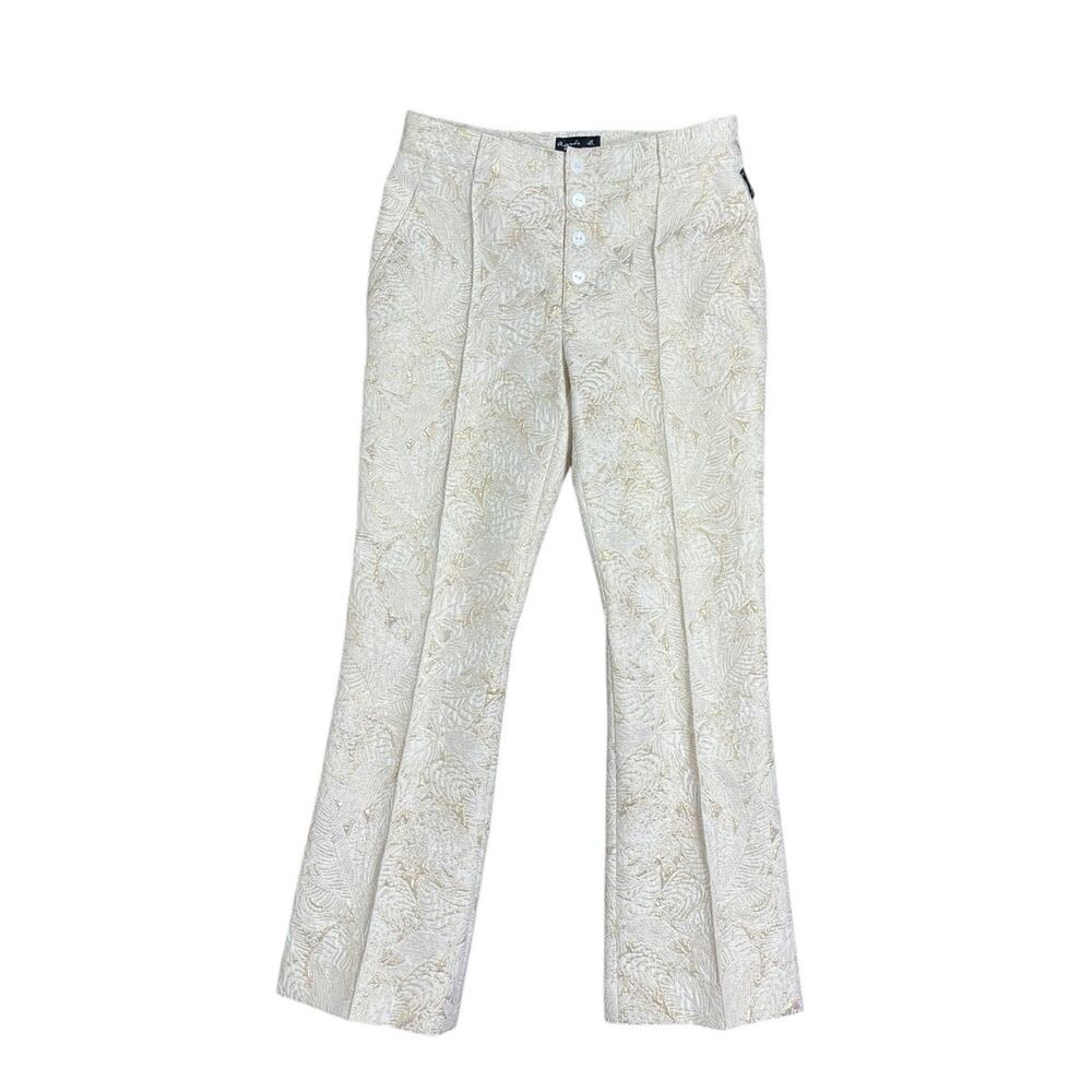 Agnes B Women's 38 Cream Gold Metallic Pleated Straight Leg Pants EUC